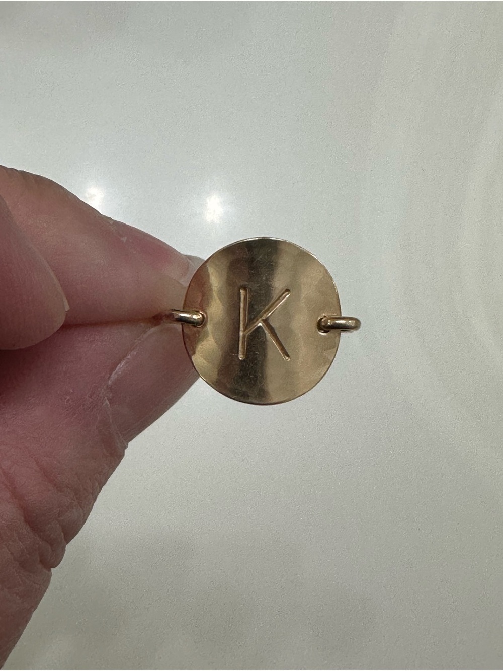 14k Gold-Filled Initial Disc Ring Stamped “K” Curved Disc Hammered Band 9.25